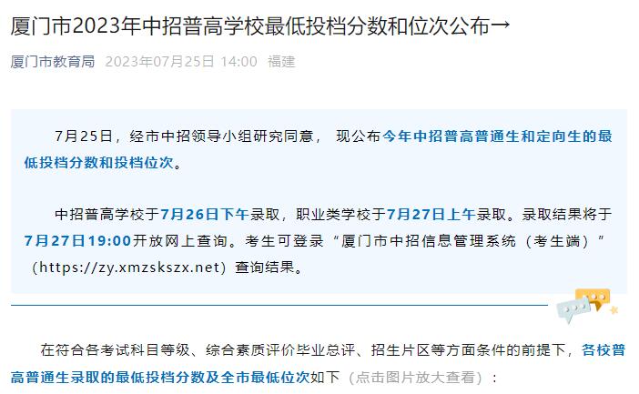 2023年廈門中考錄取分數(shù)線